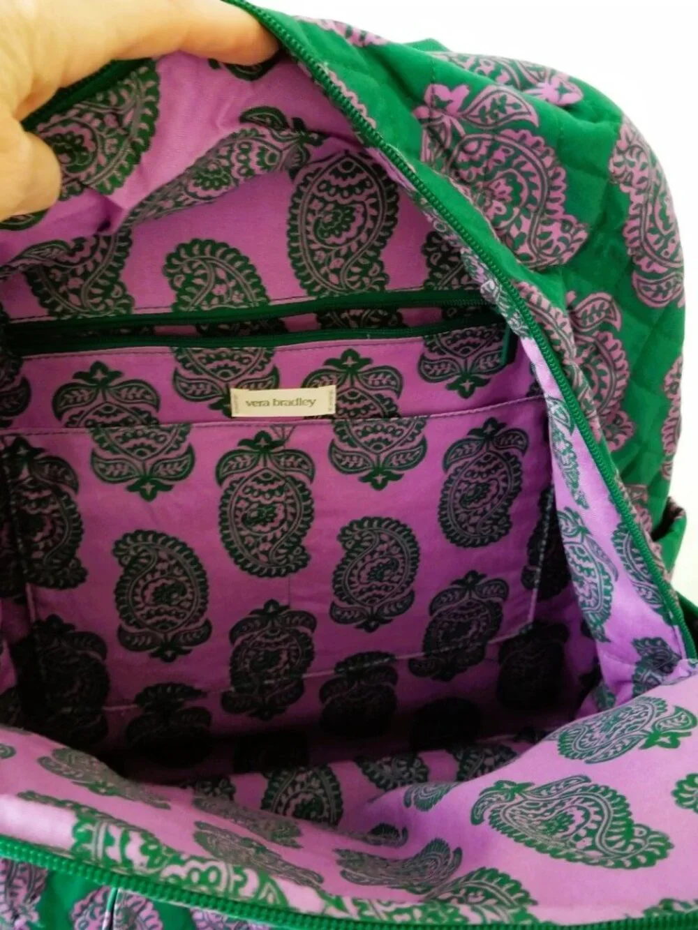 NWOT! Vera Bradley Green & Purple Paisley Quilted Backpack with Laptop Pocket